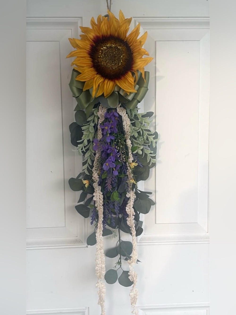 Sunflower Hanging Swag with Greenery and Purple Accents - Rustic Home Accent